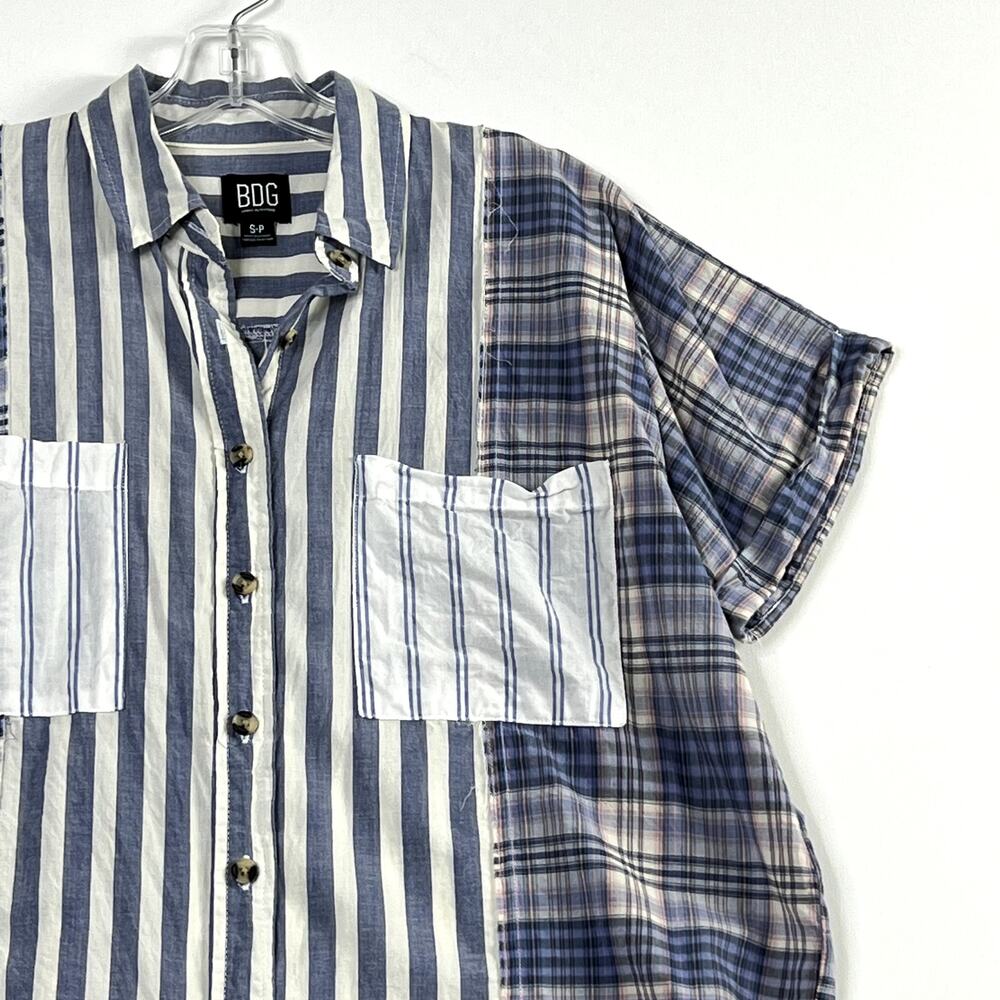 BDG Stevie Spliced Button Down Shirt Short Sleeve Relaxed Blue Womens Small - Picture 5 of 12